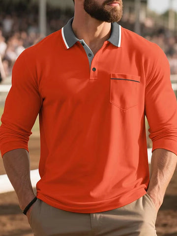 AIDASE  -  Men's Button-up Turn-down Collar Polo Shirt Autumn Fashion Mens Pullover Casual Long Sleeve Contrast Color Patchwork Polo Shirts aidase-shop